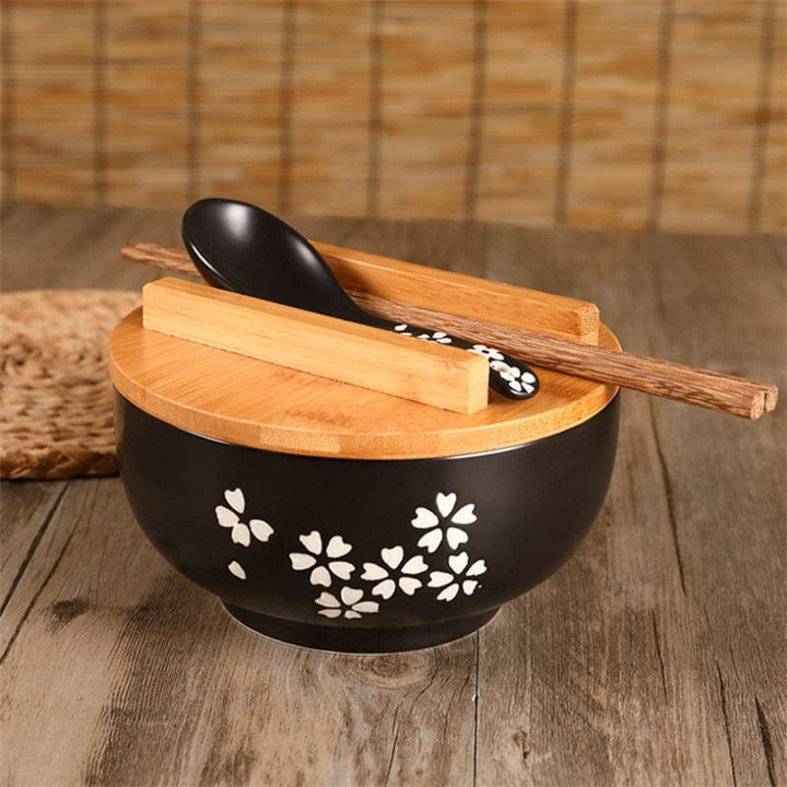 Ramen Bowl Set with Wooden Lid - Bowl Set - Black - Seravelle Home