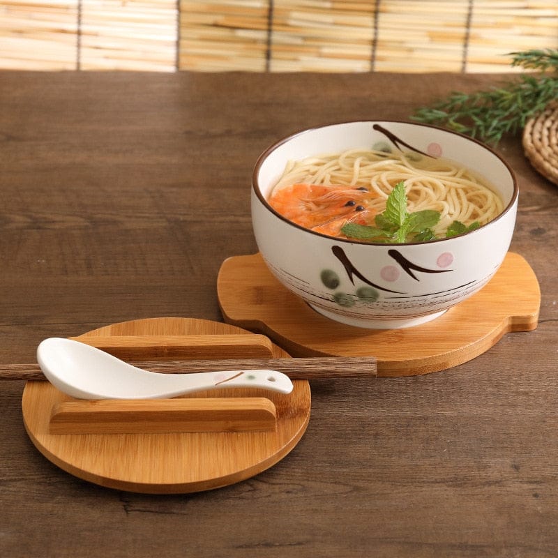 Ramen Bowl Set with Wooden Lid - Bowl Set - White - Seravelle Home