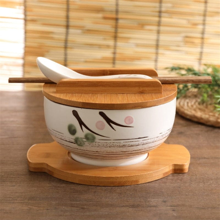 Ramen Bowl Set with Wooden Lid - Bowl Set - White - Seravelle Home