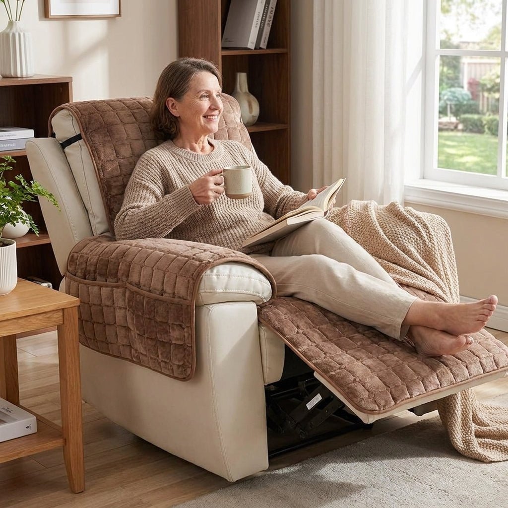 Recliner Chair Cover with Quilted Texture and Side Pocket - Sofa Cover - Mocha - Seravelle Home