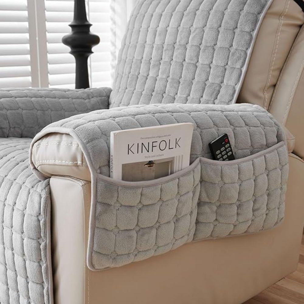Recliner Chair Cover with Quilted Texture and Side Pocket - Sofa Cover - Grey - Seravelle Home