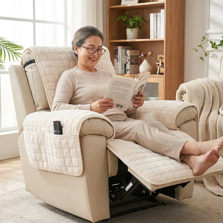 Recliner Chair Cover with Quilted Texture and Side Pocket - Sofa Cover - Beige - Seravelle Home