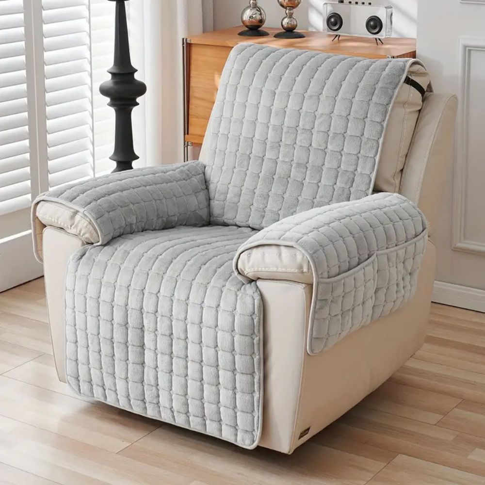 Recliner Chair Cover with Quilted Texture and Side Pocket - Sofa Cover - Grey - Seravelle Home