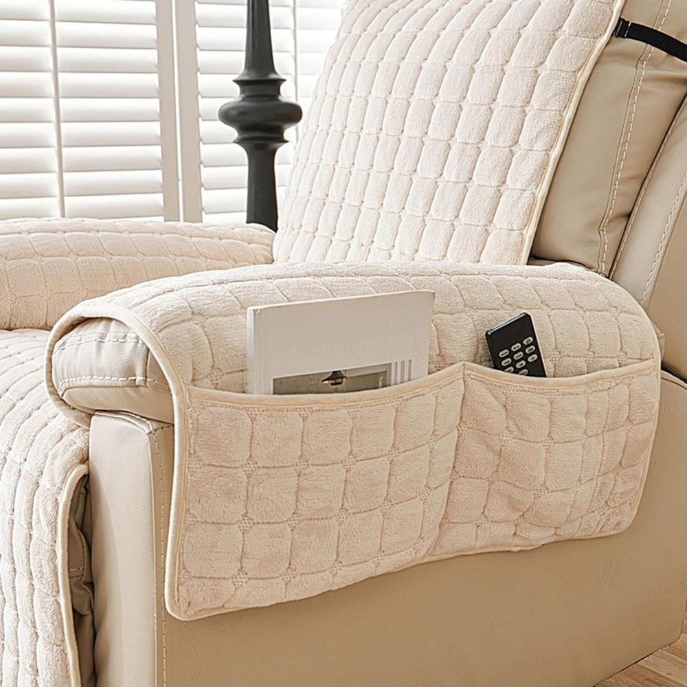 Recliner Chair Cover with Quilted Texture and Side Pocket - Sofa Cover - Beige - Seravelle Home