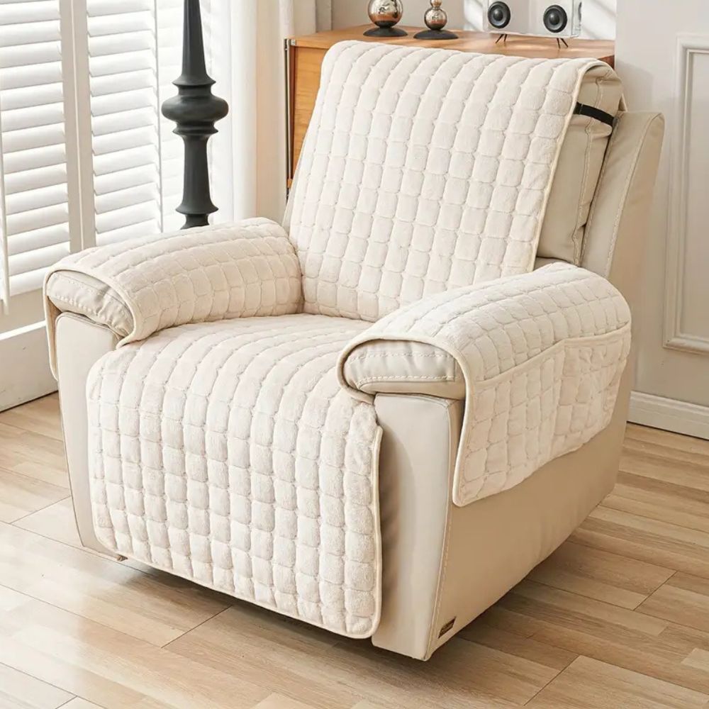 Recliner Chair Cover with Quilted Texture and Side Pocket - Sofa Cover - Beige - Seravelle Home