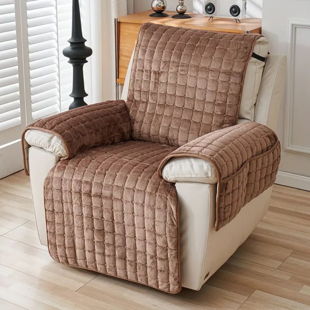 Recliner Chair Cover with Quilted Texture and Side Pocket - Sofa Cover - Mocha - Seravelle Home