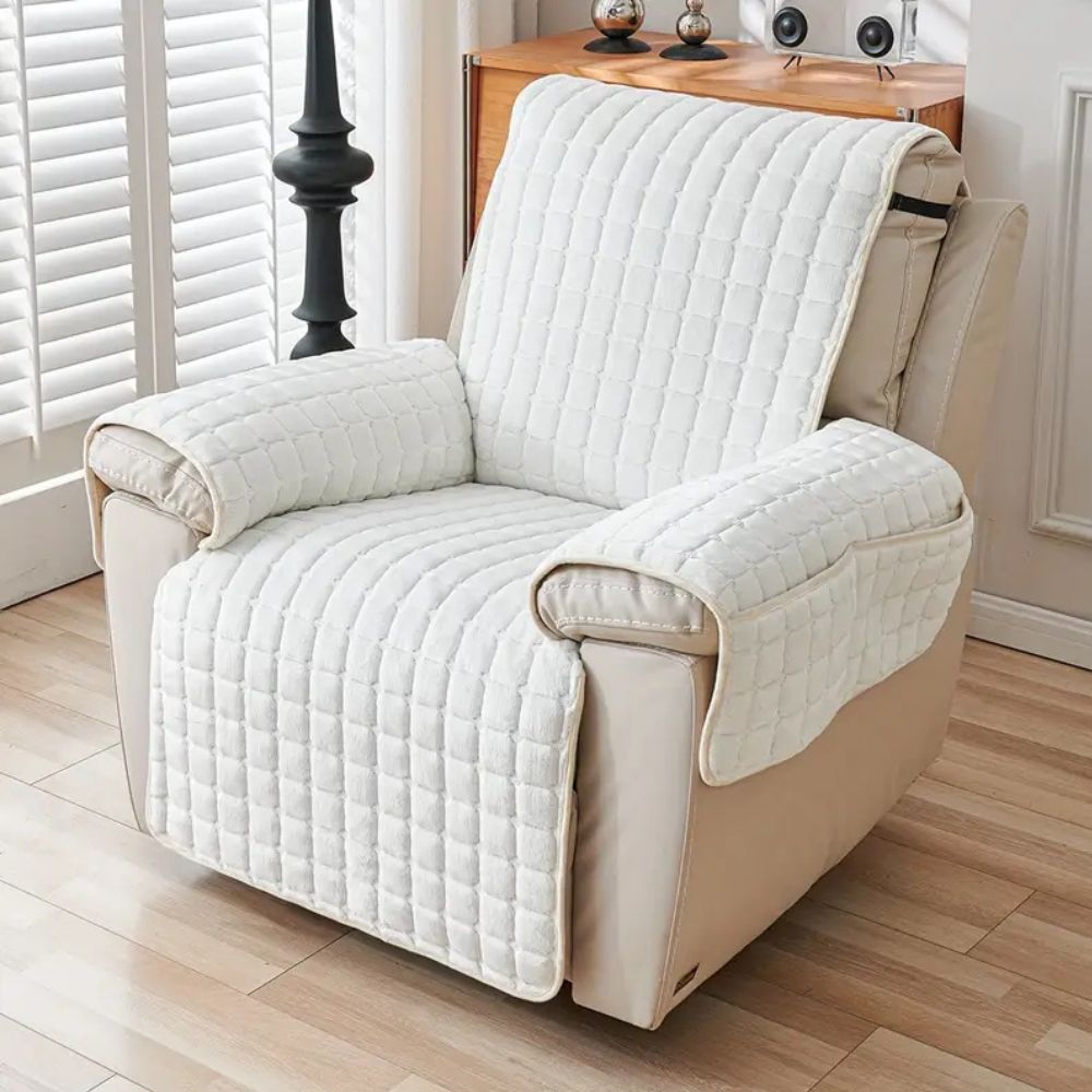 Recliner Chair Cover with Quilted Texture and Side Pocket - Sofa Cover - Ivory - Seravelle Home