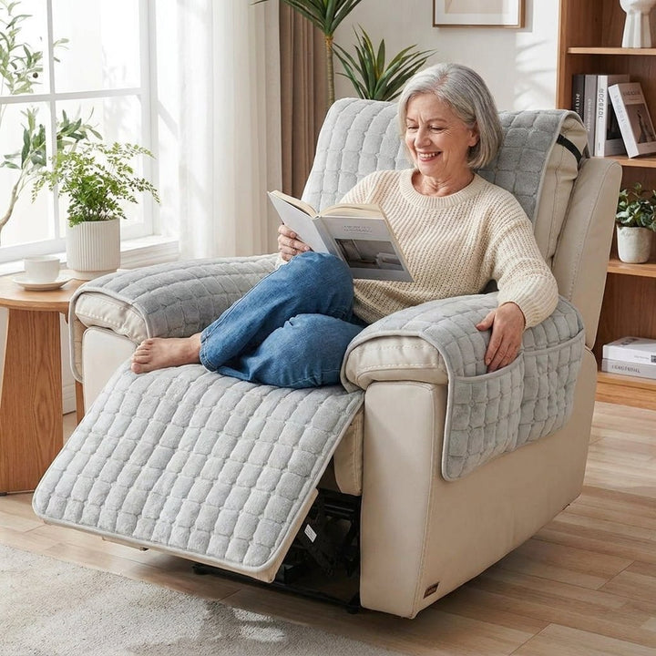 Recliner Chair Cover with Quilted Texture and Side Pocket - Sofa Cover - Grey - Seravelle Home