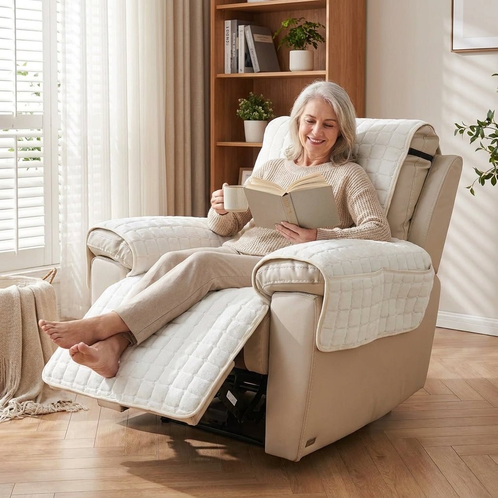 Recliner Chair Cover with Quilted Texture and Side Pocket - Sofa Cover - Ivory - Seravelle Home
