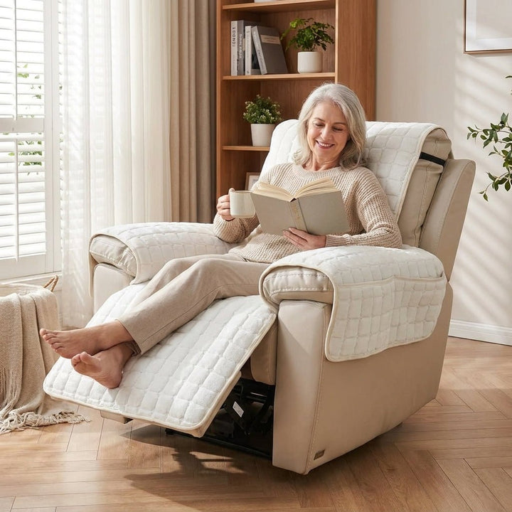 Recliner Chair Cover with Quilted Texture and Side Pocket - Sofa Cover - Ivory - Seravelle Home