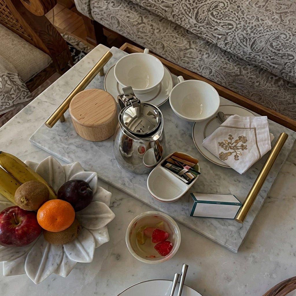 Rectangular Marble Serving Tray with Handles - Serving Trays - White - Seravelle Home