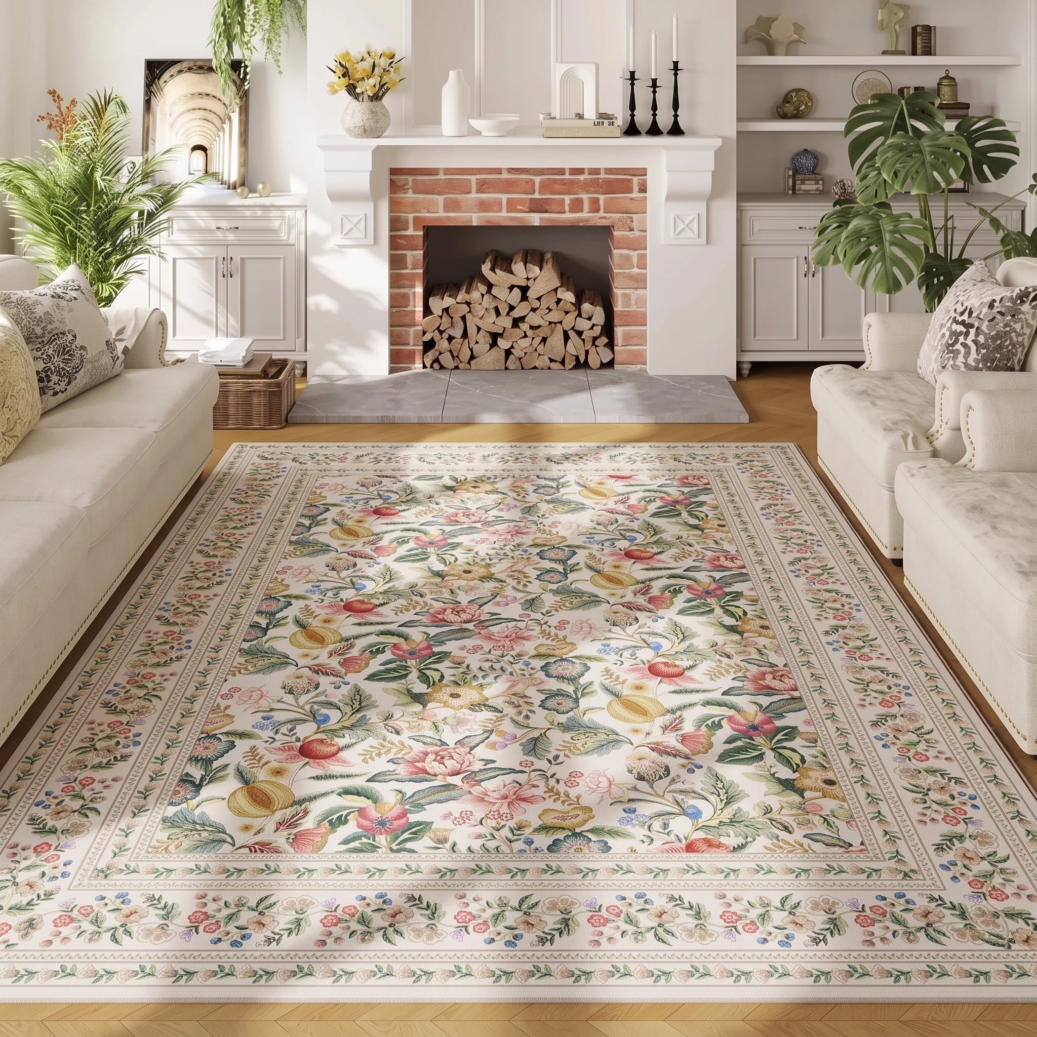 Rectangular Vintage Carpet with Chinoiserie Floral Pattern - Floor Mat - Cream - Seravelle Home