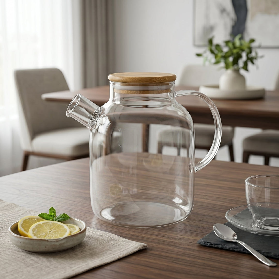 Glass Teapot with Wooden Lid and Side Handle
