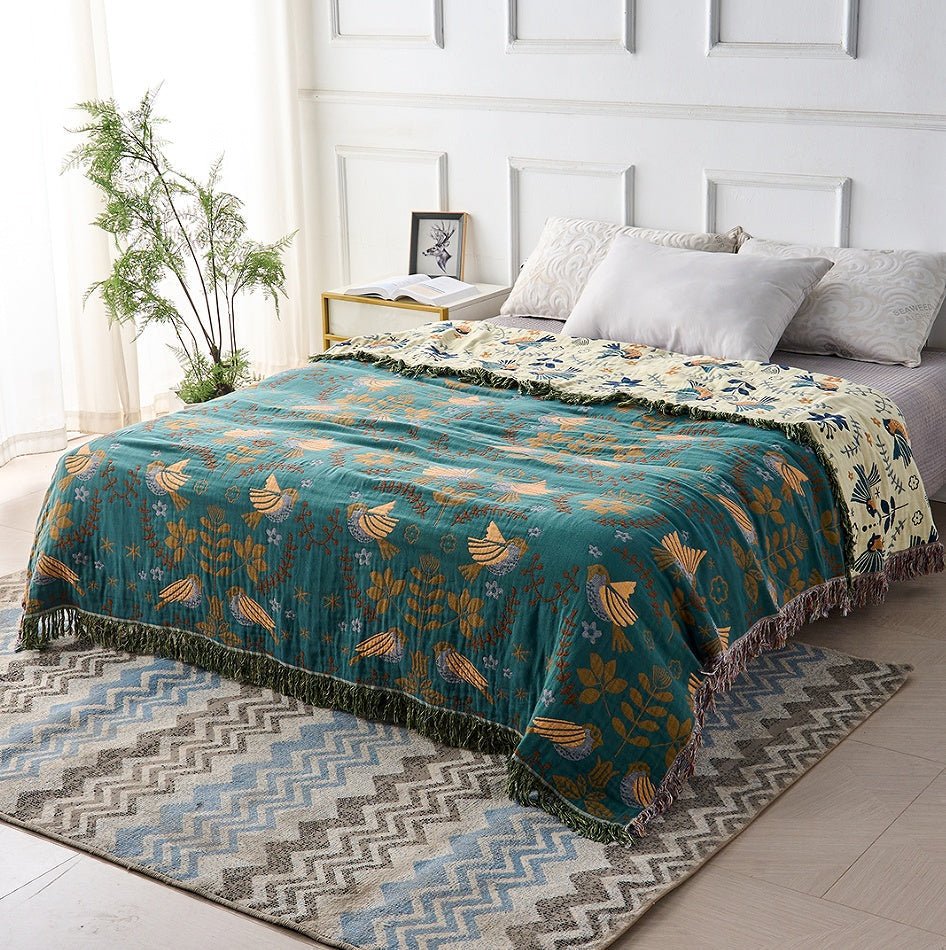 Reversible Cotton Blanket with Bird and Flower Pattern - Cotton Blanket - 150x200cm - Seravelle Home