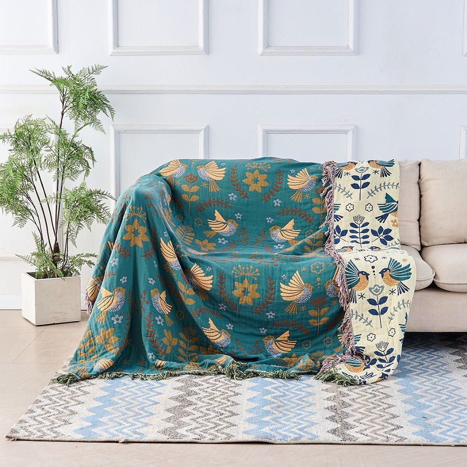 Reversible Cotton Blanket with Bird and Flower Pattern - Cotton Blanket - 150x200cm - Seravelle Home