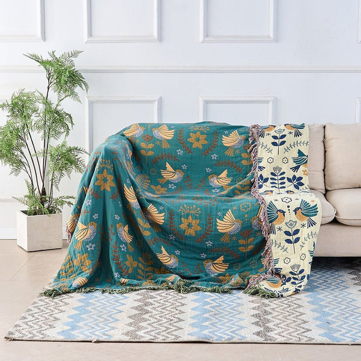 Reversible Cotton Blanket with Bird and Flower Pattern - Cotton Blanket - 150x200cm - Seravelle Home