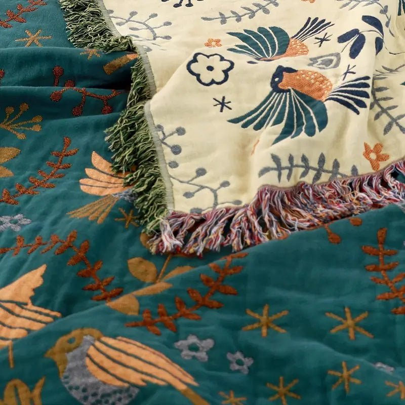Reversible Cotton Blanket with Bird and Flower Pattern - Cotton Blanket - 150x200cm - Seravelle Home