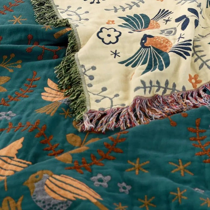 Reversible Cotton Blanket with Bird and Flower Pattern - Cotton Blanket - 150x200cm - Seravelle Home