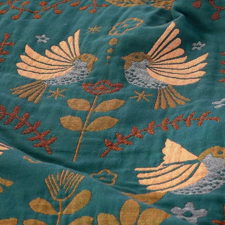 Reversible Cotton Blanket with Bird and Flower Pattern - Cotton Blanket - 150x200cm - Seravelle Home