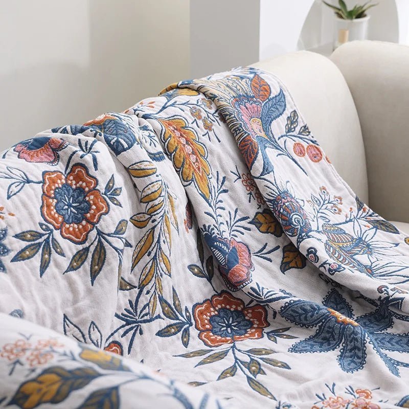 Reversible Throw with Floral Pattern and Fringes - Blanket - 150x200 cm - Seravelle Home