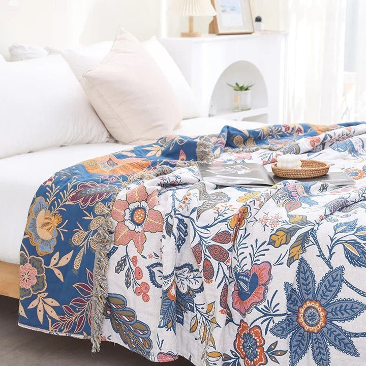 Reversible Throw with Floral Pattern and Fringes - Blanket - 150x200 cm - Seravelle Home