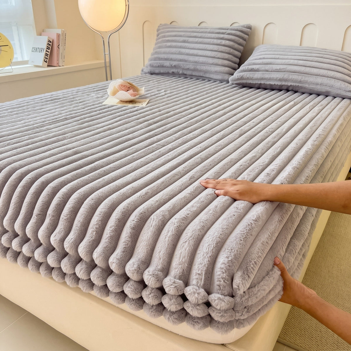 Ribbed Plush Fitted Bed Sheet with Elastic Fitted Corners - Bed Sheets - Grey - Seravelle Home