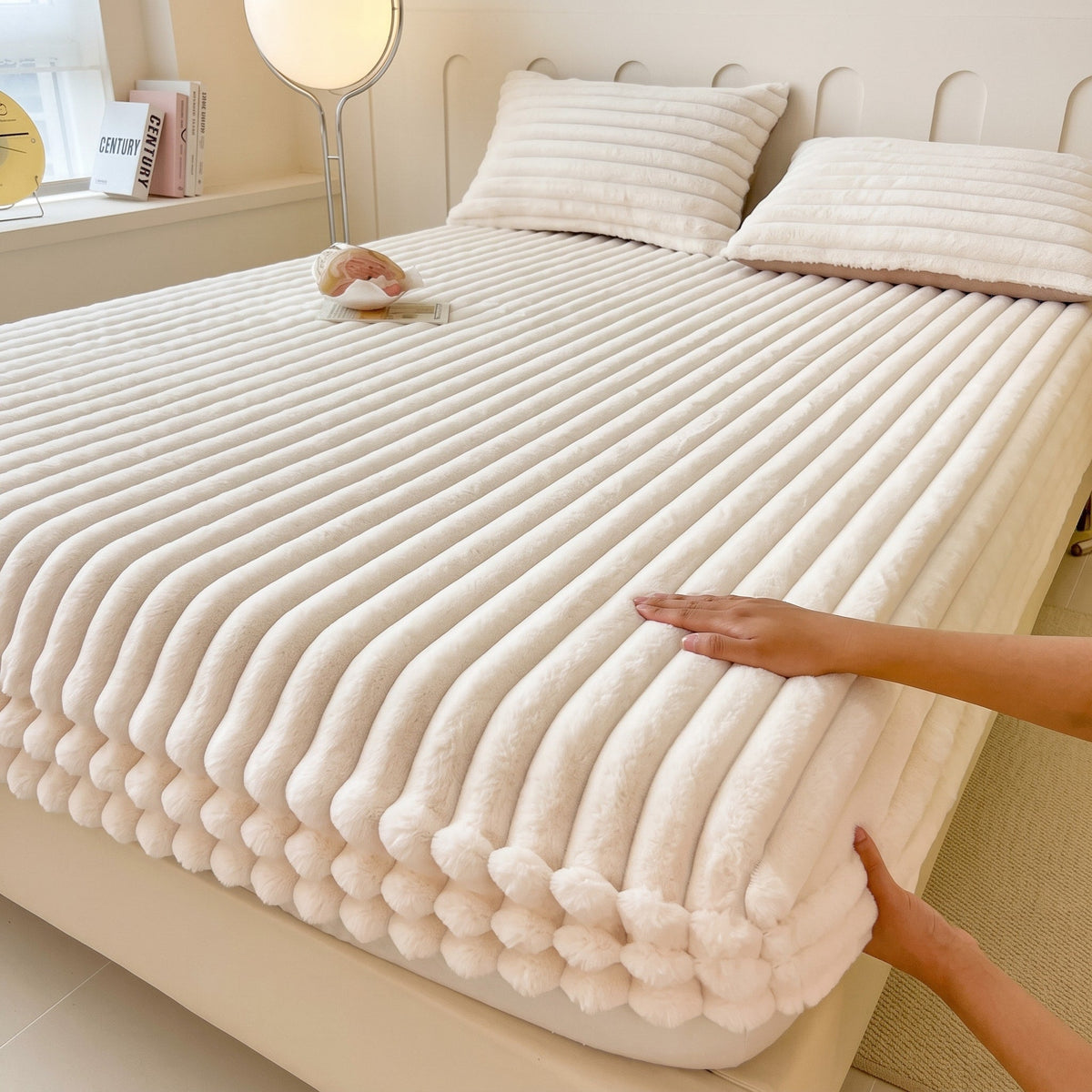 Ribbed Plush Fitted Bed Sheet with Elastic Fitted Corners - Bed Sheets - Beige - Seravelle Home