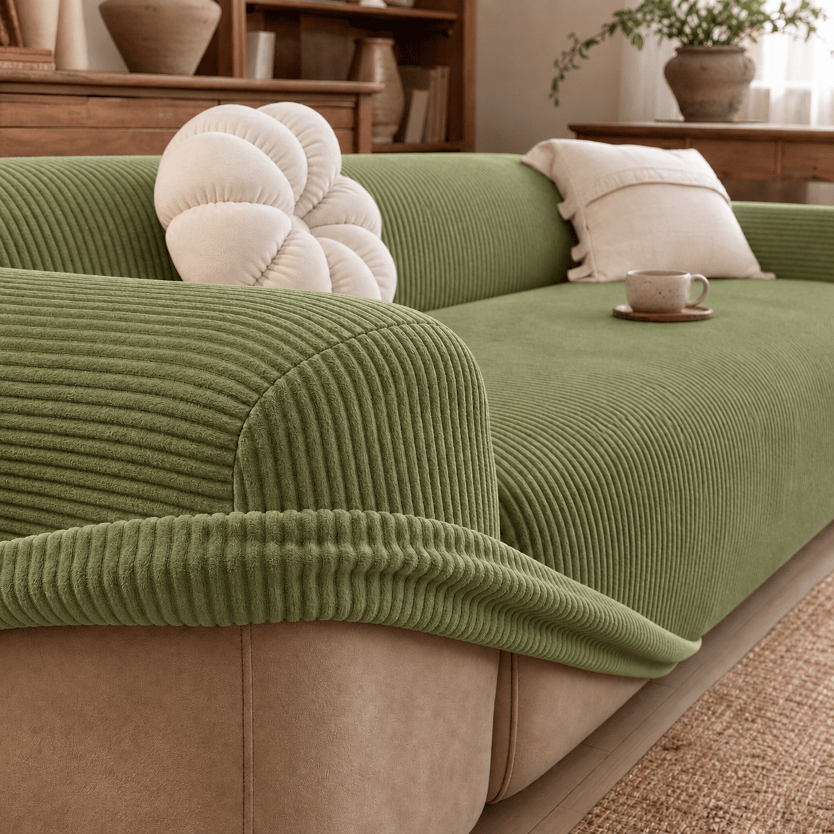 Ribbed Stretch Sofa Cover with Non Slip Fitted Design - Slipcovers - Green - Seravelle Home