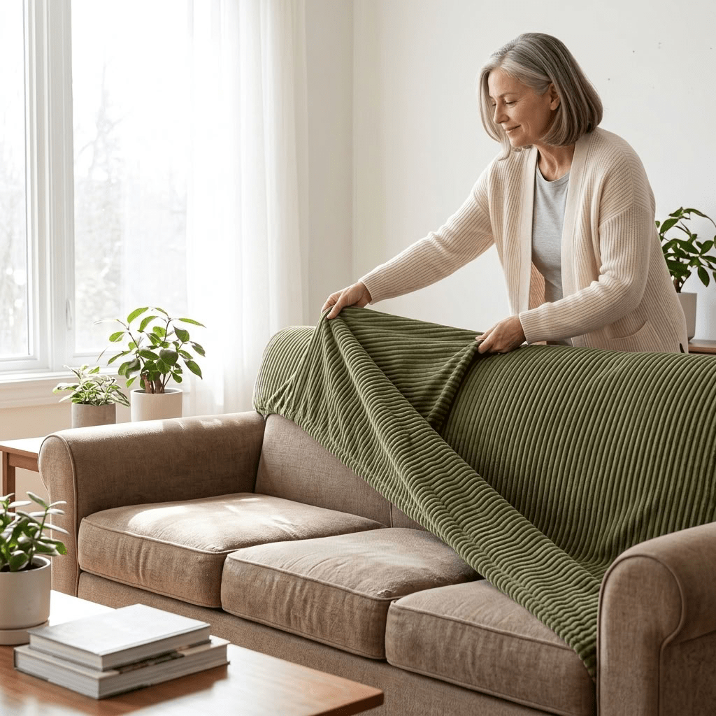 Ribbed Stretch Sofa Cover with Non Slip Fitted Design - Slipcovers - Green - Seravelle Home