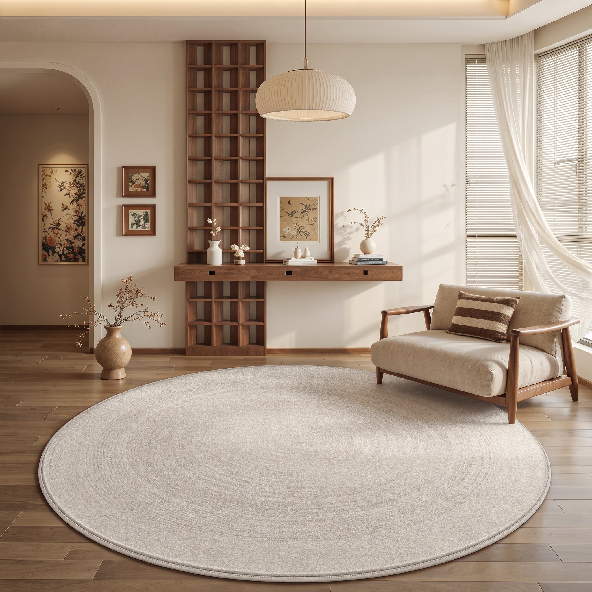 Round Area Rug with Concentric Circle Pattern - Floor Mat - Ash - Seravelle Home