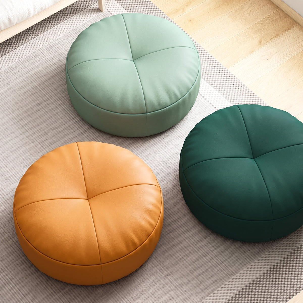 Round Floor Cushion Pouf with Segmented Panel Design - Ottomans - Green - Seravelle Home