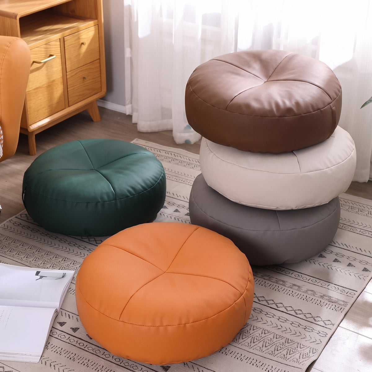 Round Floor Cushion Pouf with Segmented Panel Design - Ottomans - Green - Seravelle Home
