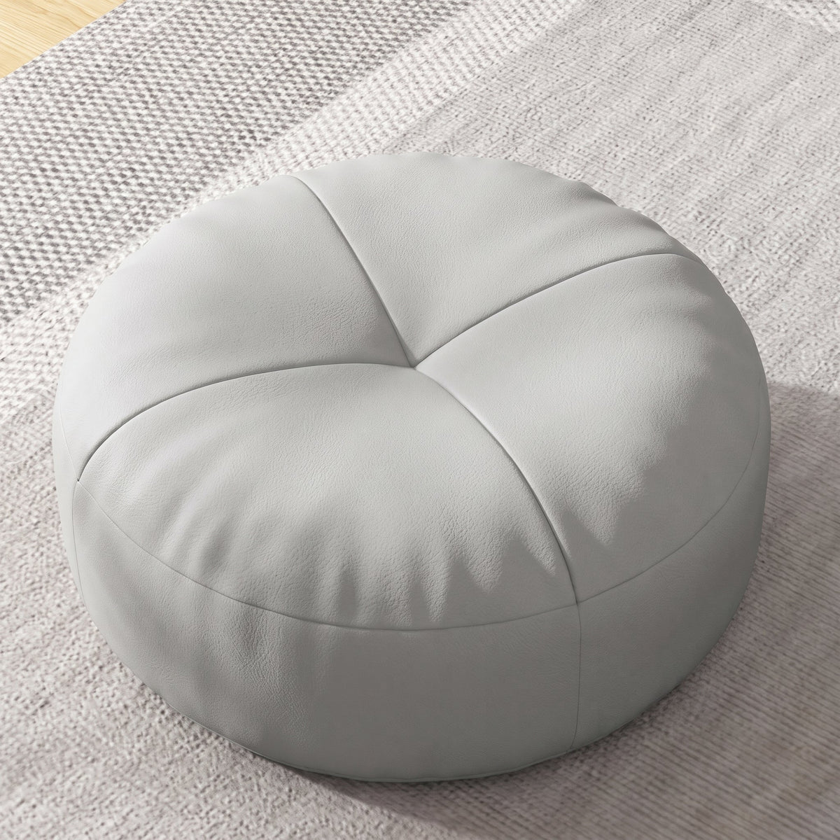 Round Floor Cushion Pouf with Segmented Panel Design - Ottomans - Light Grey - Seravelle Home