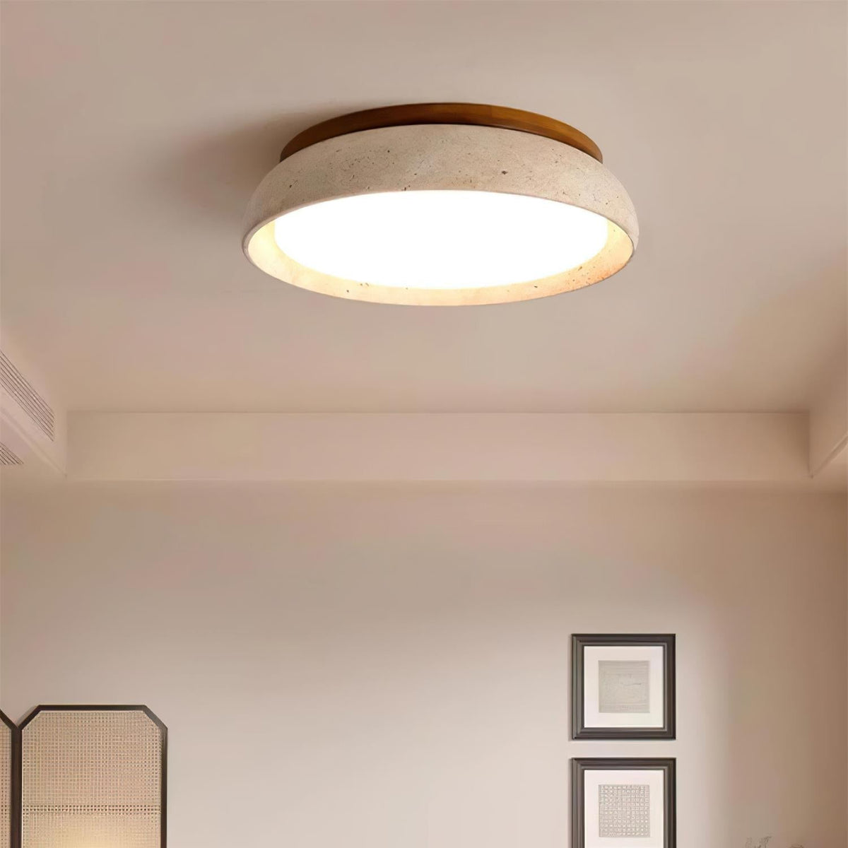 Round Stone Effect Flush Mount Ceiling Light With Wood Trim - Ceiling Light Fixtures - Seravelle Home