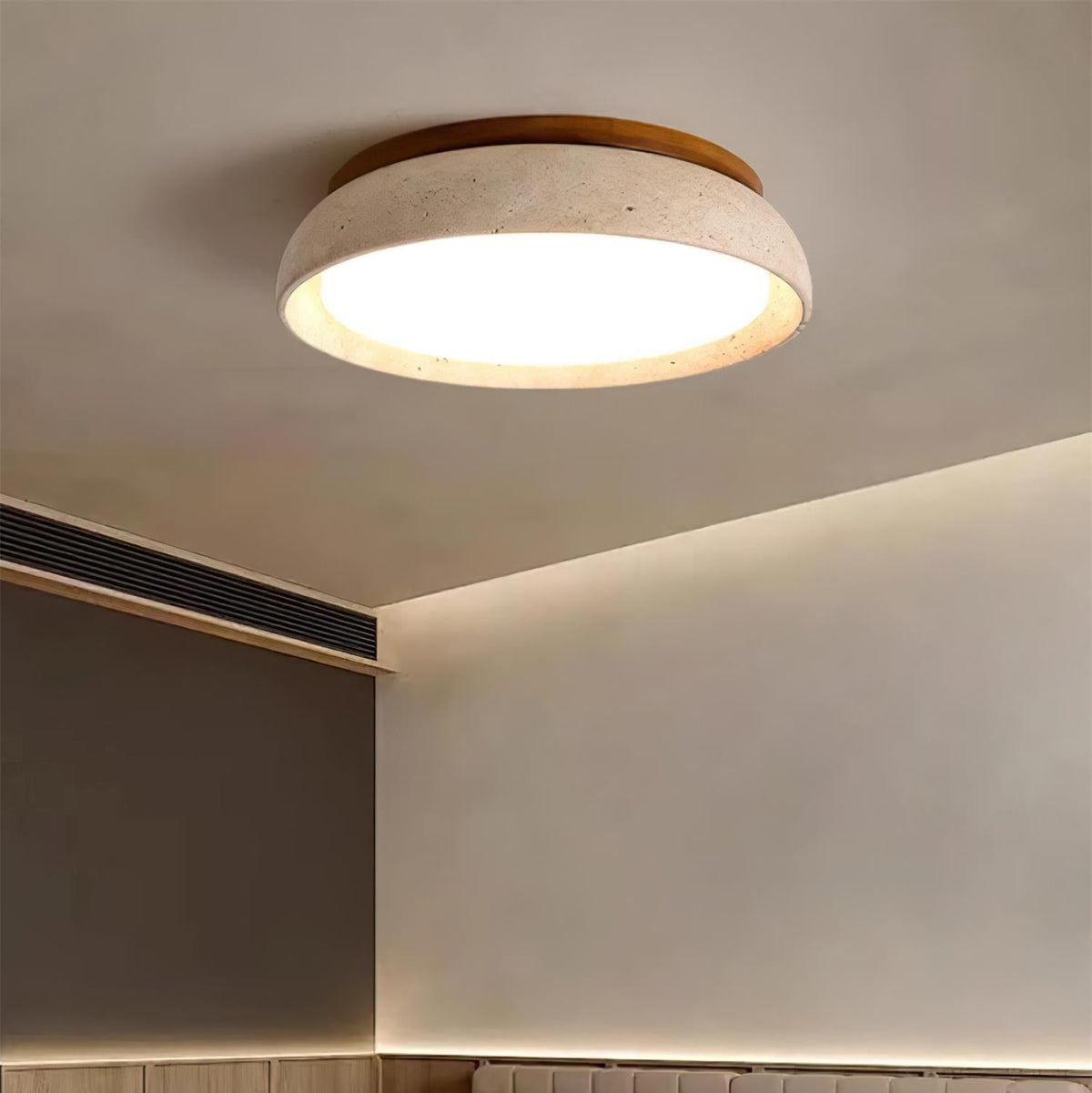 Round Stone Effect Flush Mount Ceiling Light With Wood Trim - Ceiling Light Fixtures - Seravelle Home