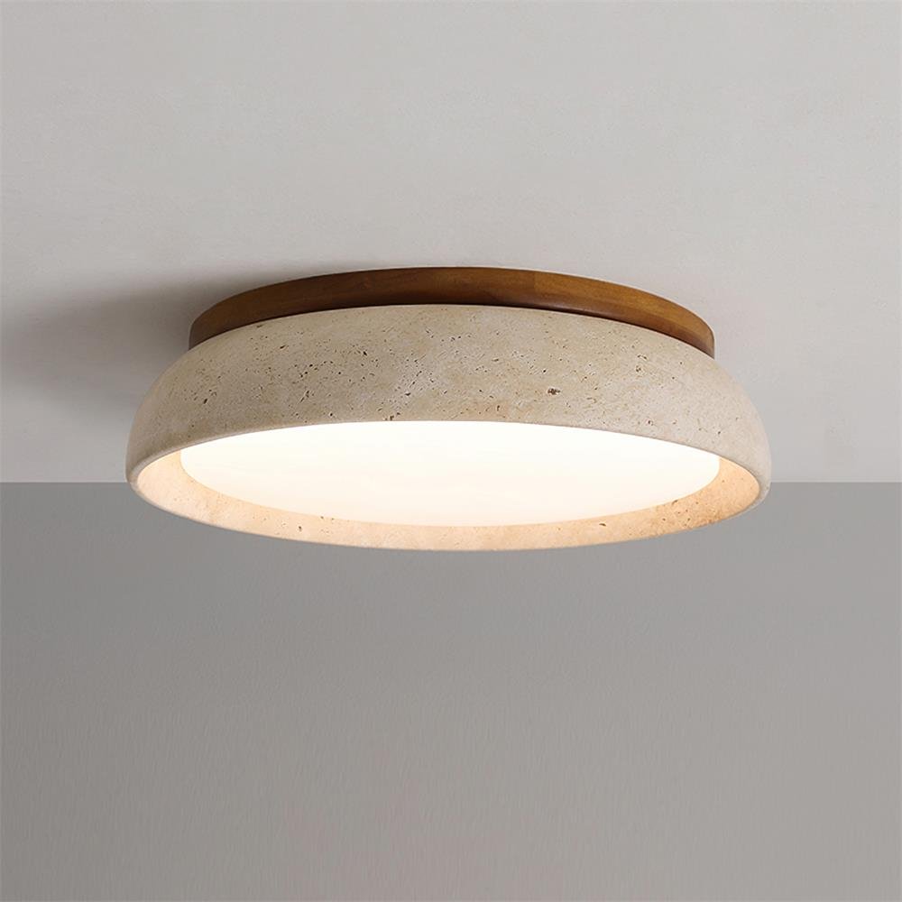 Round Stone Effect Flush Mount Ceiling Light With Wood Trim - Ceiling Light Fixtures - Seravelle Home