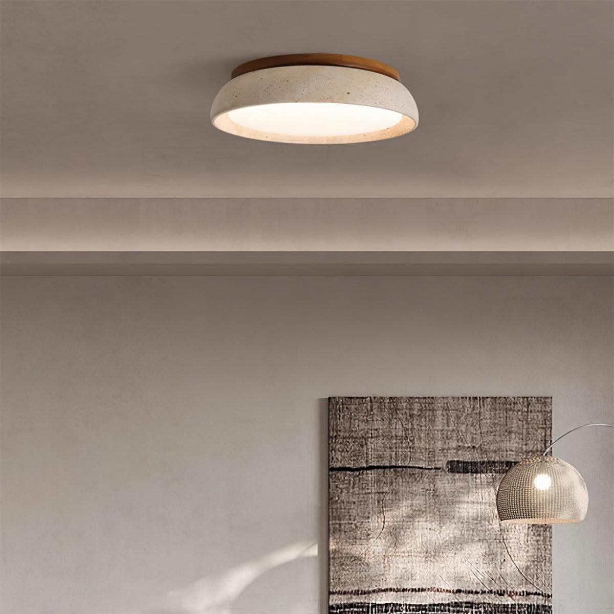 Round Stone Effect Flush Mount Ceiling Light With Wood Trim - Ceiling Light Fixtures - Seravelle Home