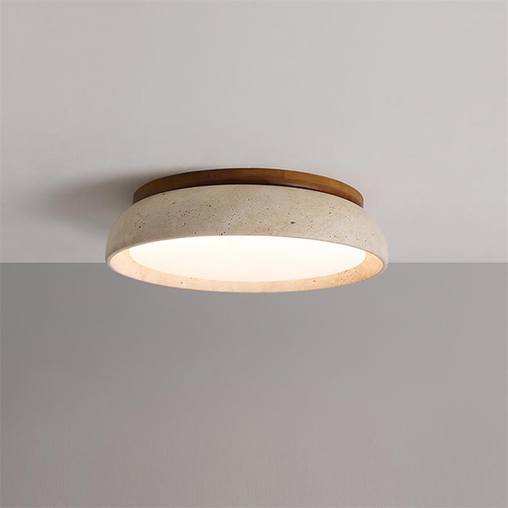 Round Stone Effect Flush Mount Ceiling Light With Wood Trim - Ceiling Light Fixtures - Seravelle Home
