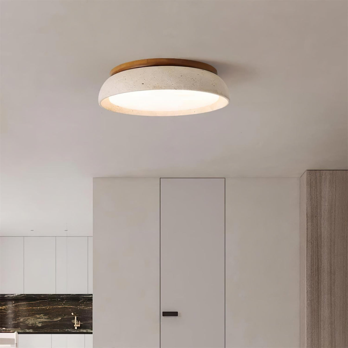 Round Stone Effect Flush Mount Ceiling Light With Wood Trim - Ceiling Light Fixtures - Seravelle Home