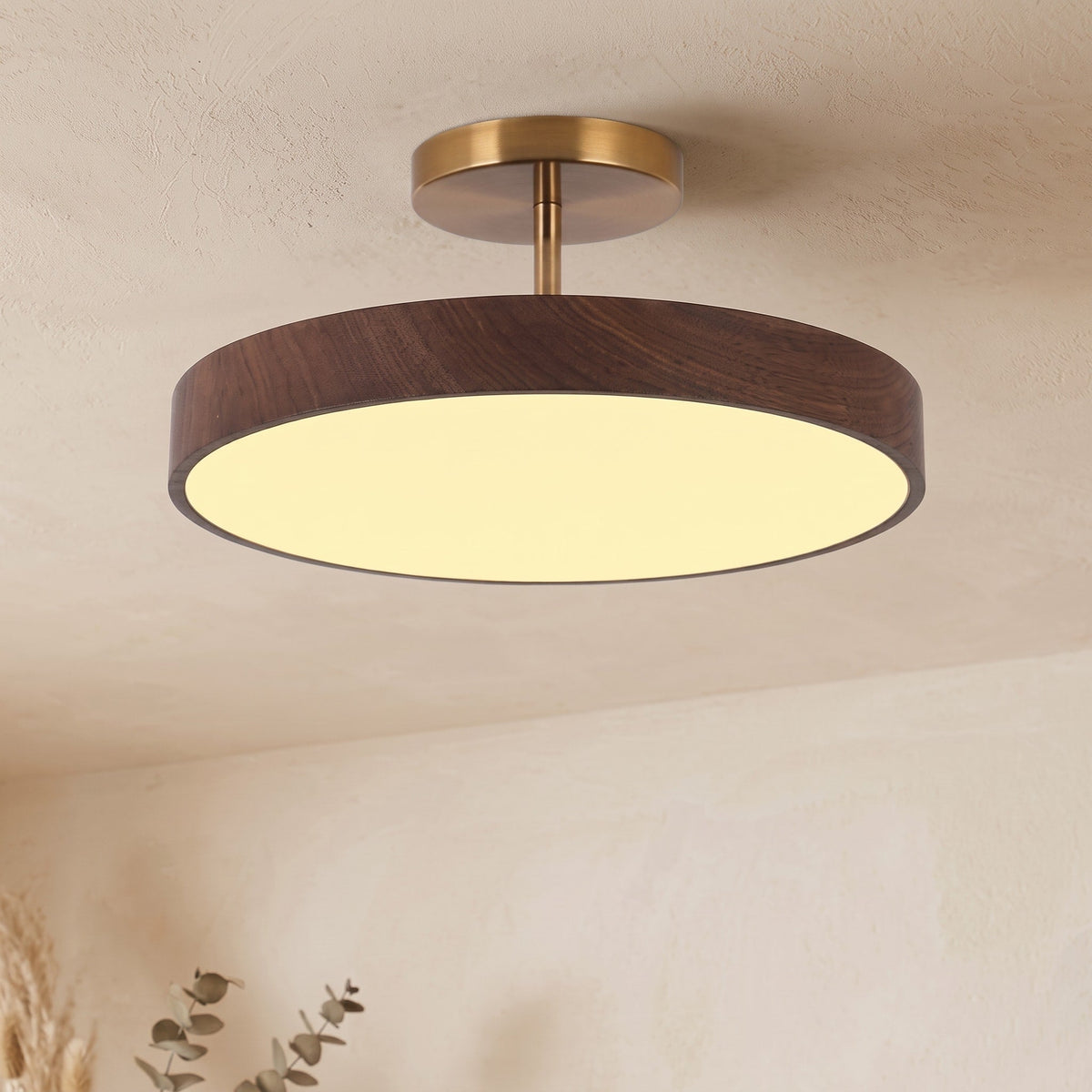 Round Wood Grain Ceiling Light with Brass Frame Accent - Ceiling Light Fixtures - Dark Wood - Seravelle Home