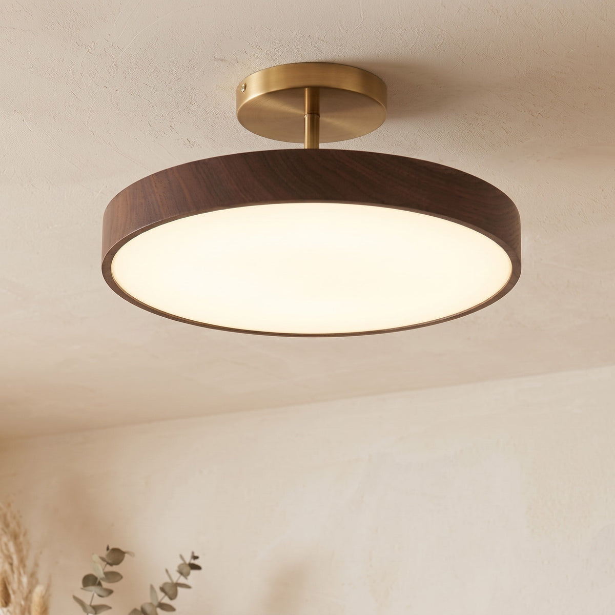 Round Wood Grain Ceiling Light with Brass Frame Accent - Ceiling Light Fixtures - Dark Wood - Seravelle Home