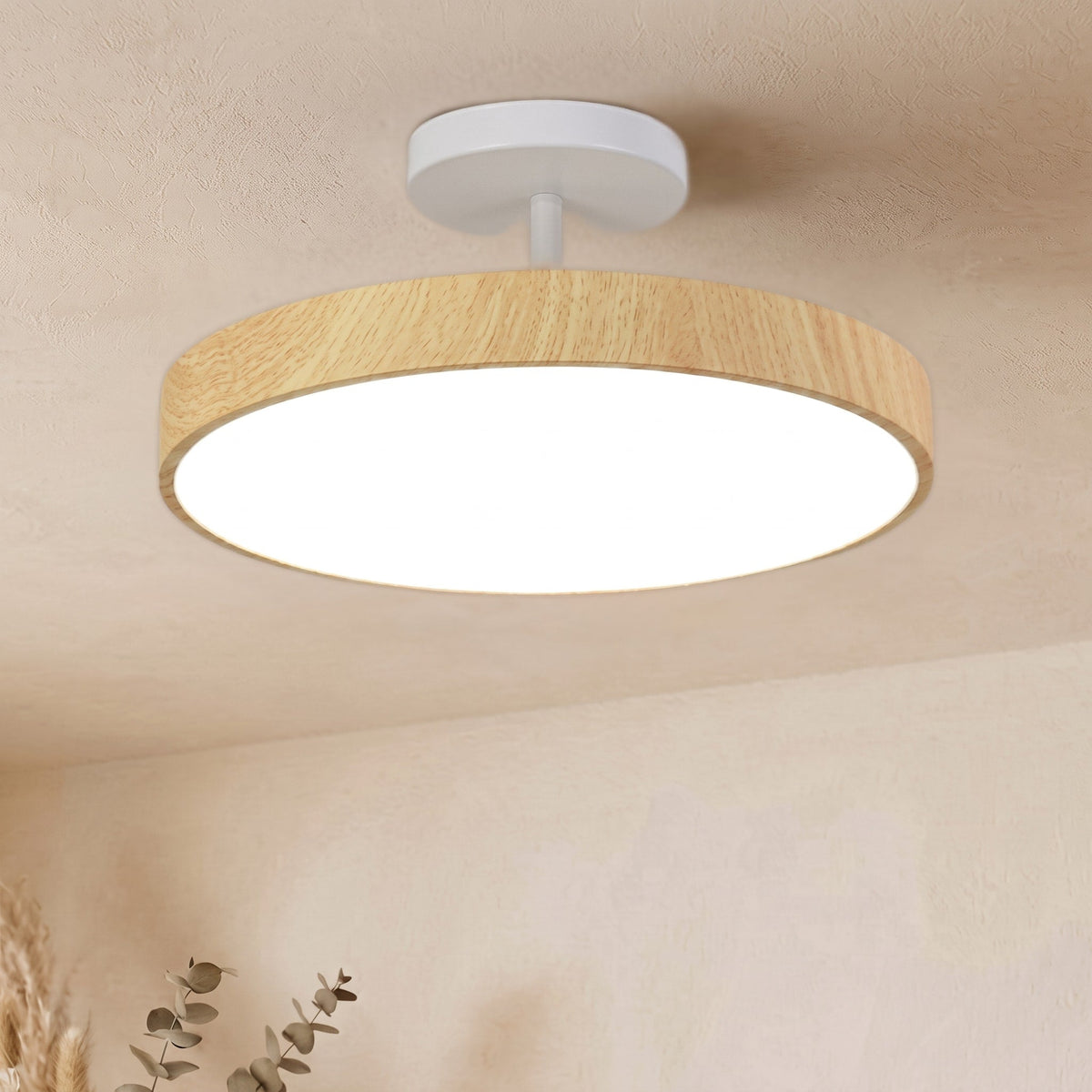 Round Wood Grain Ceiling Light with Brass Frame Accent - Ceiling Light Fixtures - Light Wood - Seravelle Home