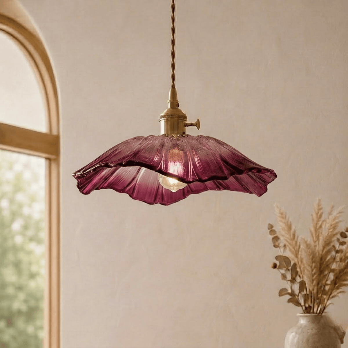 Scalloped Glass Petal Pendant Light with Brass Fitting - Pendant Light Fixtures - Purple - Seravelle Home