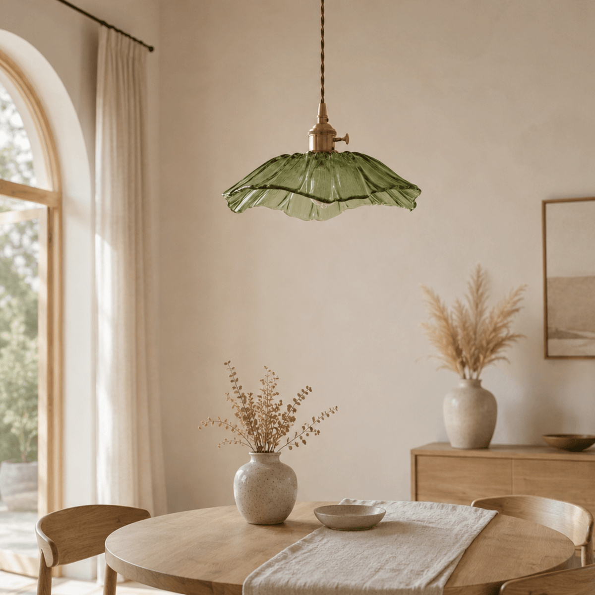 Scalloped Glass Petal Pendant Light with Brass Fitting - Pendant Light Fixtures - Green - Seravelle Home