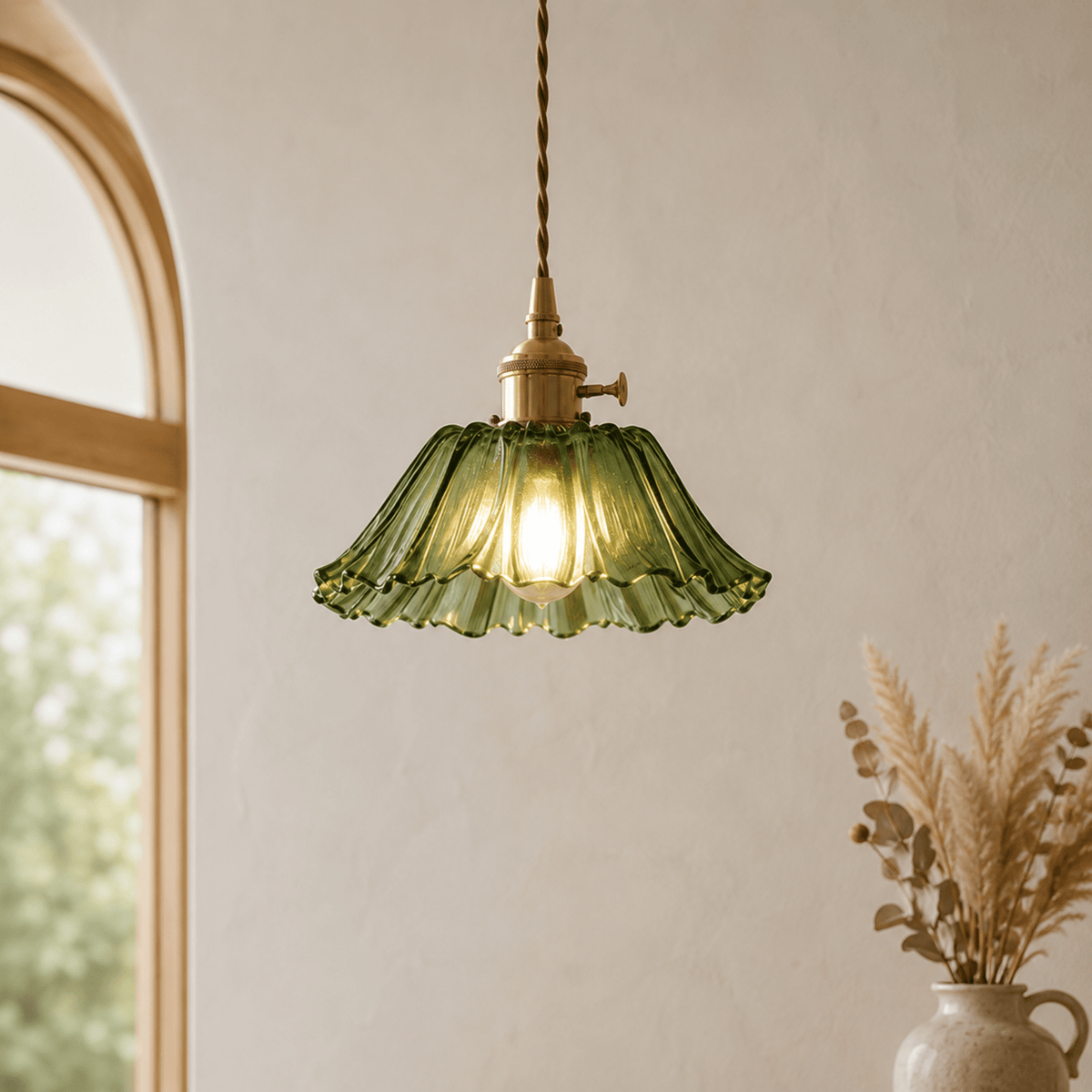 Scalloped Glass Petal Pendant Light with Brass Fitting - Pendant Light Fixtures - Green - Seravelle Home