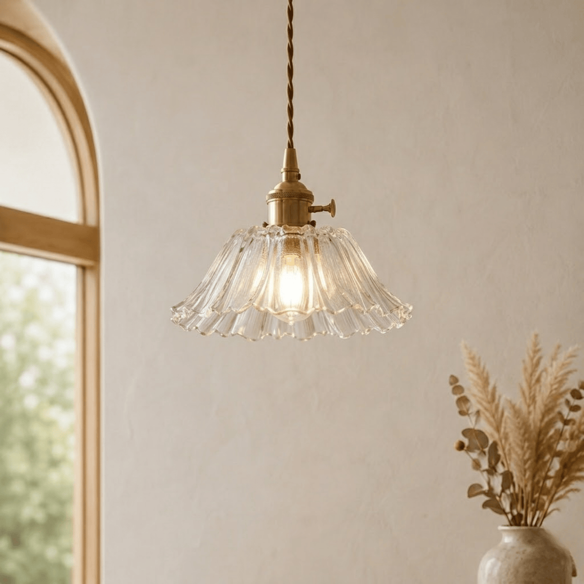 Scalloped Glass Petal Pendant Light with Brass Fitting - Pendant Light Fixtures - Transparent - Seravelle Home