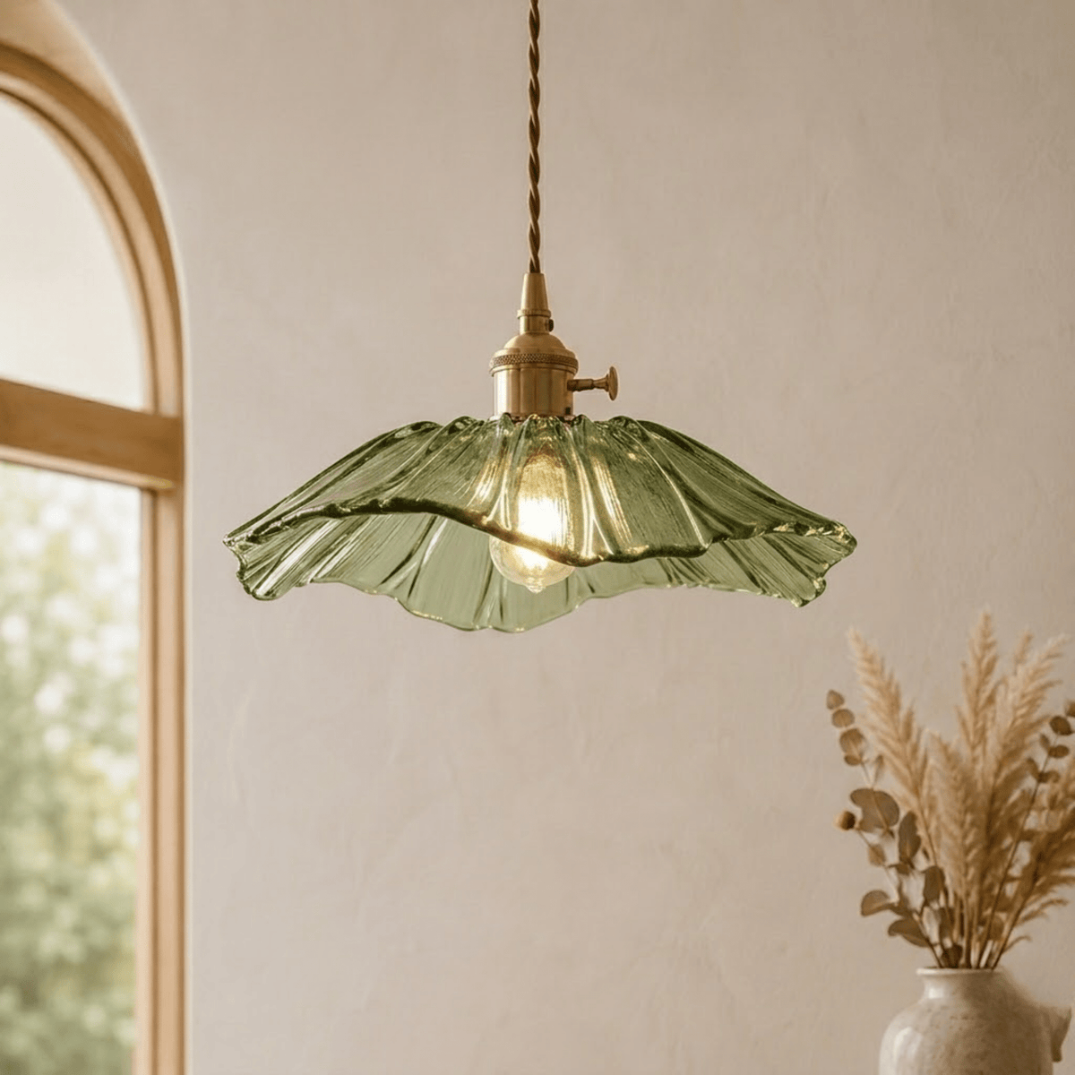 Scalloped Glass Petal Pendant Light with Brass Fitting - Pendant Light Fixtures - Green - Seravelle Home