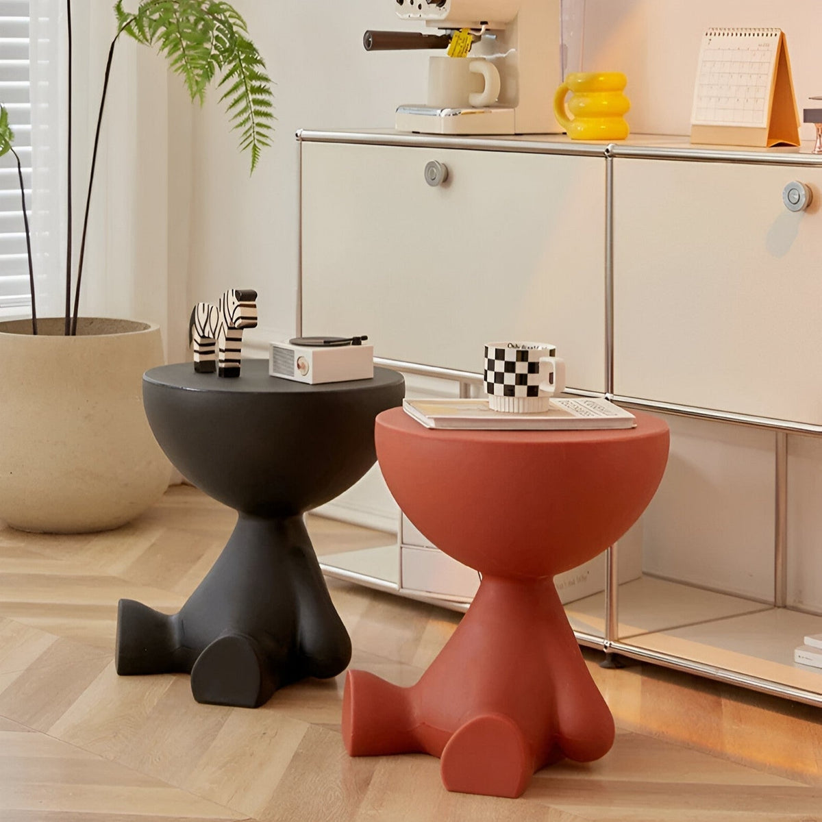 Sculptural Round Side Table with Novelty Sitting Figure Base - End Tables - Pink - Seravelle Home