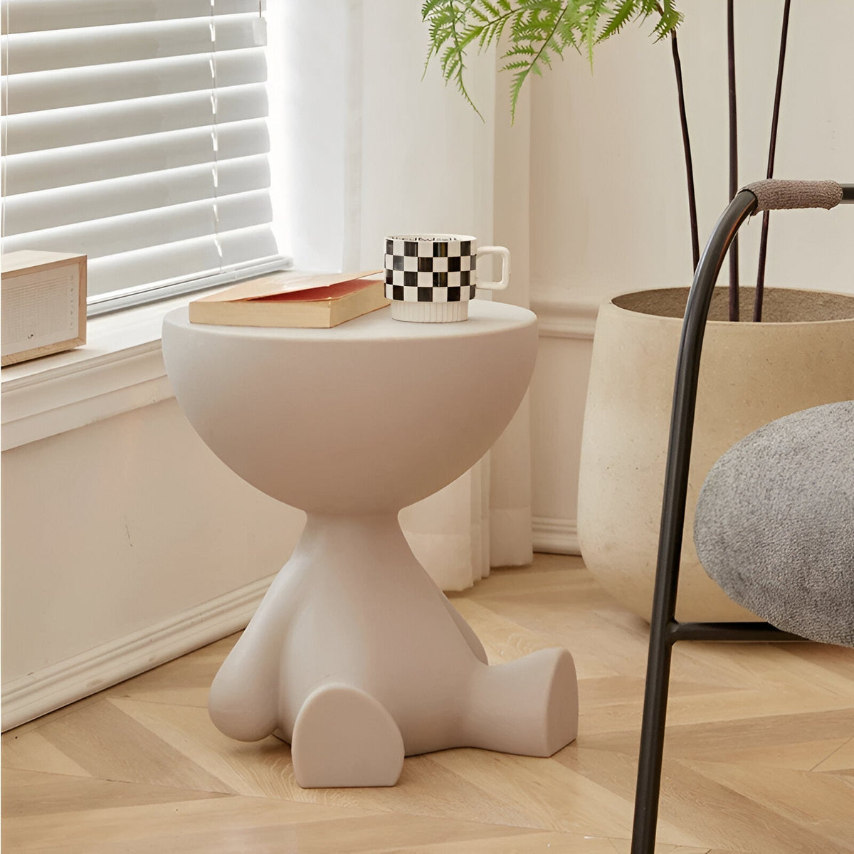 Sculptural Round Side Table with Novelty Sitting Figure Base - End Tables - Grey - Seravelle Home