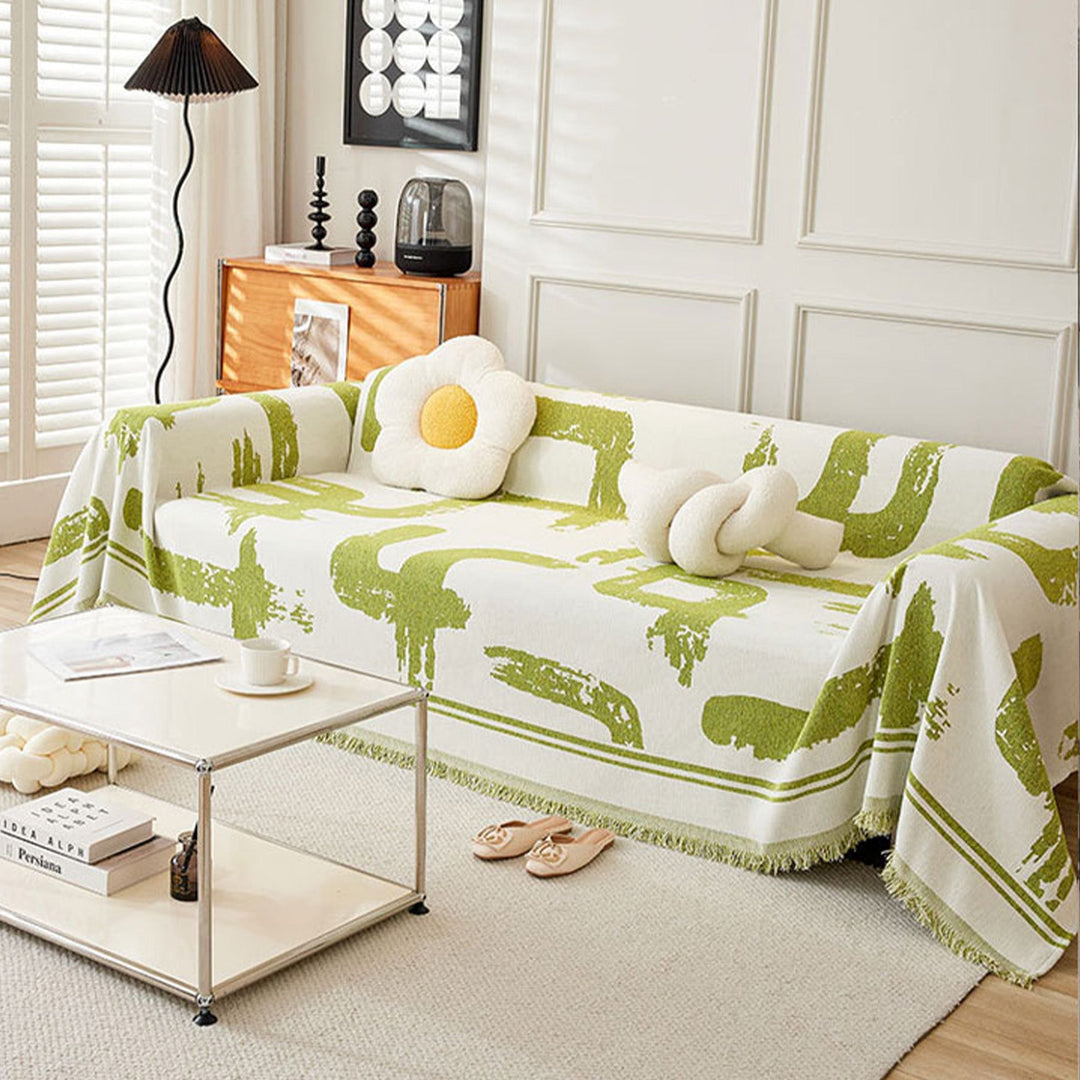 Sofa Cover with Abstract Pattern and Fringes - Sofa Protector - Green - Seravelle Home